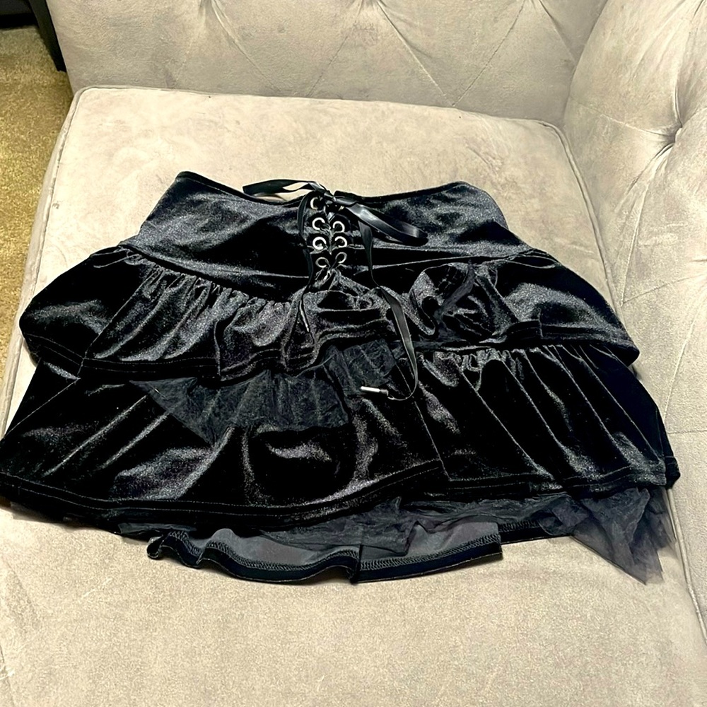 Lace Up Front Layered Velvet Skirt